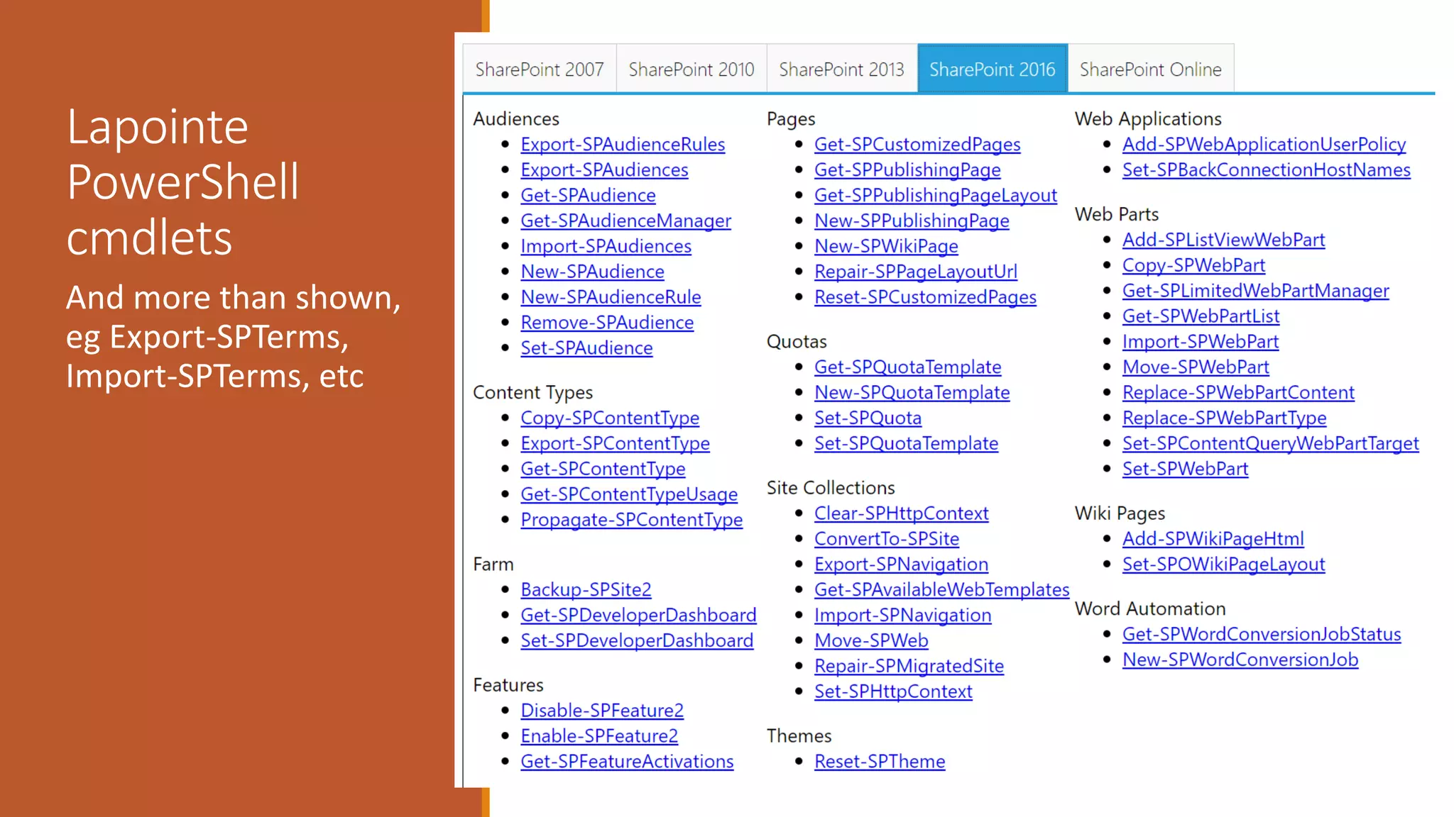 Lapointe
PowerShell
cmdlets
And more than shown,
eg Export-SPTerms,
Import-SPTerms, etc
 