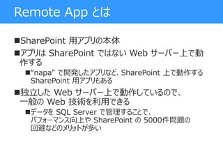 Remote App とは
SharePoint 用アプリの本体
アプリは SharePoint ではない Web サーバー上で動
作する
“napa” で開発したアプリなど、SharePoint 上で動作する
SharePoint 用アプリもある
独立した Web サーバー上で動作しているので、
一般の Web 技術を利用できる
データを SQL Server で管理することで、
パフォーマンス向上や SharePoint の 5000件問題の
回避などのメリットが多い
 