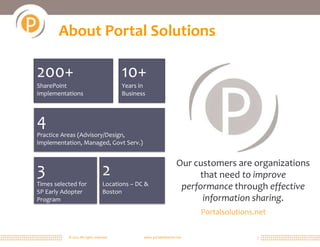 About Portal Solutions

200+                                     10+
SharePoint                               Years in
Implementations                          Business



4
Practice Areas (Advisory/Design,
Implementation, Managed, Govt Serv.)


                                                                   Our customers are organizations
3                                 2                                     that need to improve
Times selected for                Locations – DC &
SP Early Adopter                  Boston
                                                                    performance through effective
Program                                                                  information sharing.
                                                                          Portalsolutions.net

           © 2011 All rights reserved.          www.portalsolutions.net                   3
 