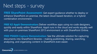 ALL RIGHTS RESERVED © 2014
Next steps - survey
FREE SharePoint Assessment: Get expert guidance whether to deploy or
enhance SharePoint on-premise, the latest cloud-based iteration, or a hybrid
combination environment.
FREE K2 Appit Demonstration: Deliver workflow apps using no-code designers,
quickly and easily within SharePoint. Appit runs in the cloud and works equally well
with your on-premises SharePoint 2013 environment or with SharePoint Online.
FREE PSIGEN Capture Demonstration: See the ultimate solution for capturing
documents into SharePoint libraries – making publishing, sharing, searching,
analyzing, and organizing content in SharePoint even easier.
 