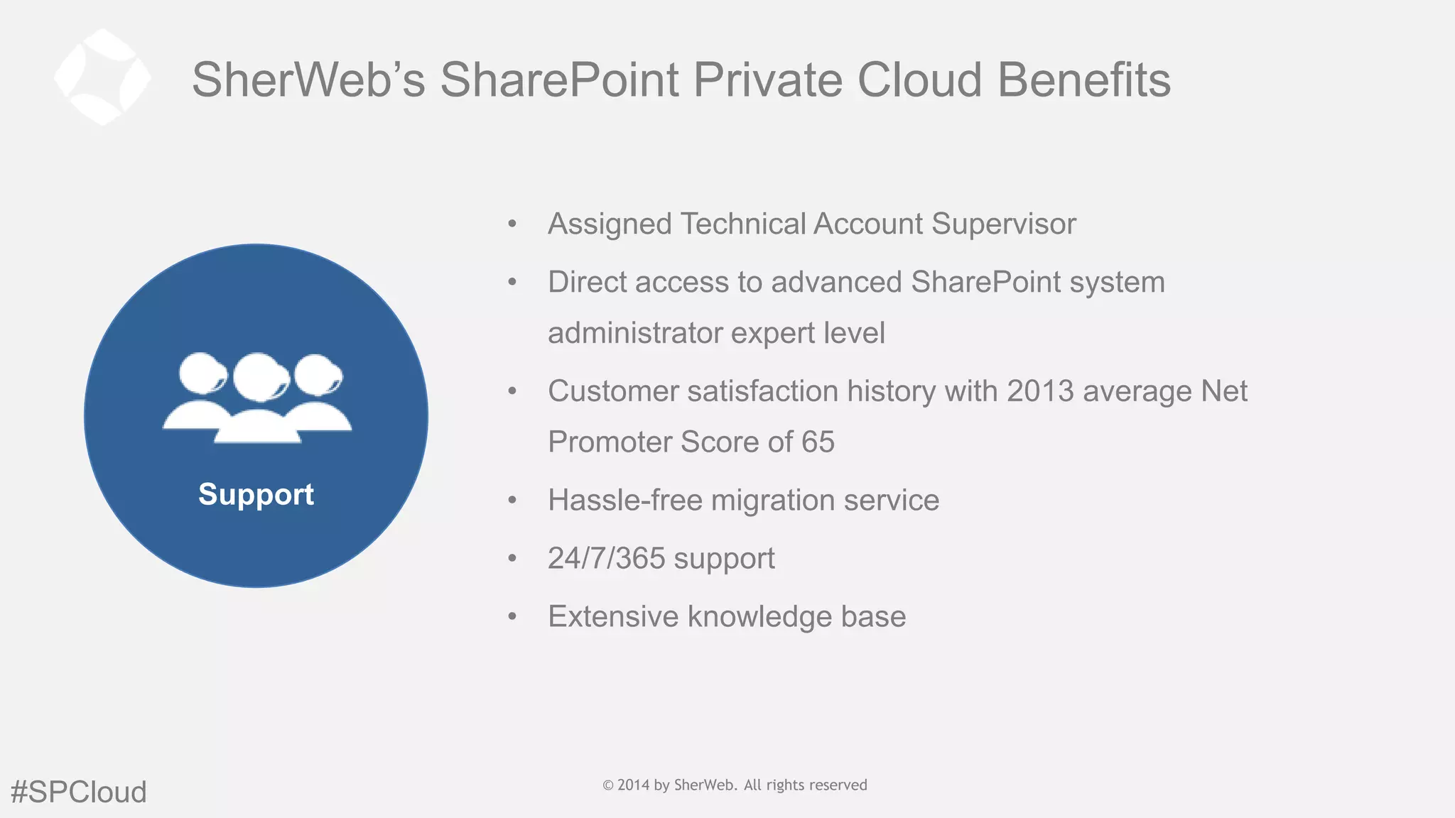 SherWeb’s SharePoint Private Cloud Benefits
• Assigned Technical Account Supervisor
• Direct access to advanced SharePoint system

administrator expert level
• Customer satisfaction history with 2013 average Net
Promoter Score of 65
Support

• Hassle-free migration service
• 24/7/365 support
• Extensive knowledge base

#SPCloud

© 2014 by SherWeb |SherWeb. All rights reserved
© 2014 by All rights reserved | General
Public

 