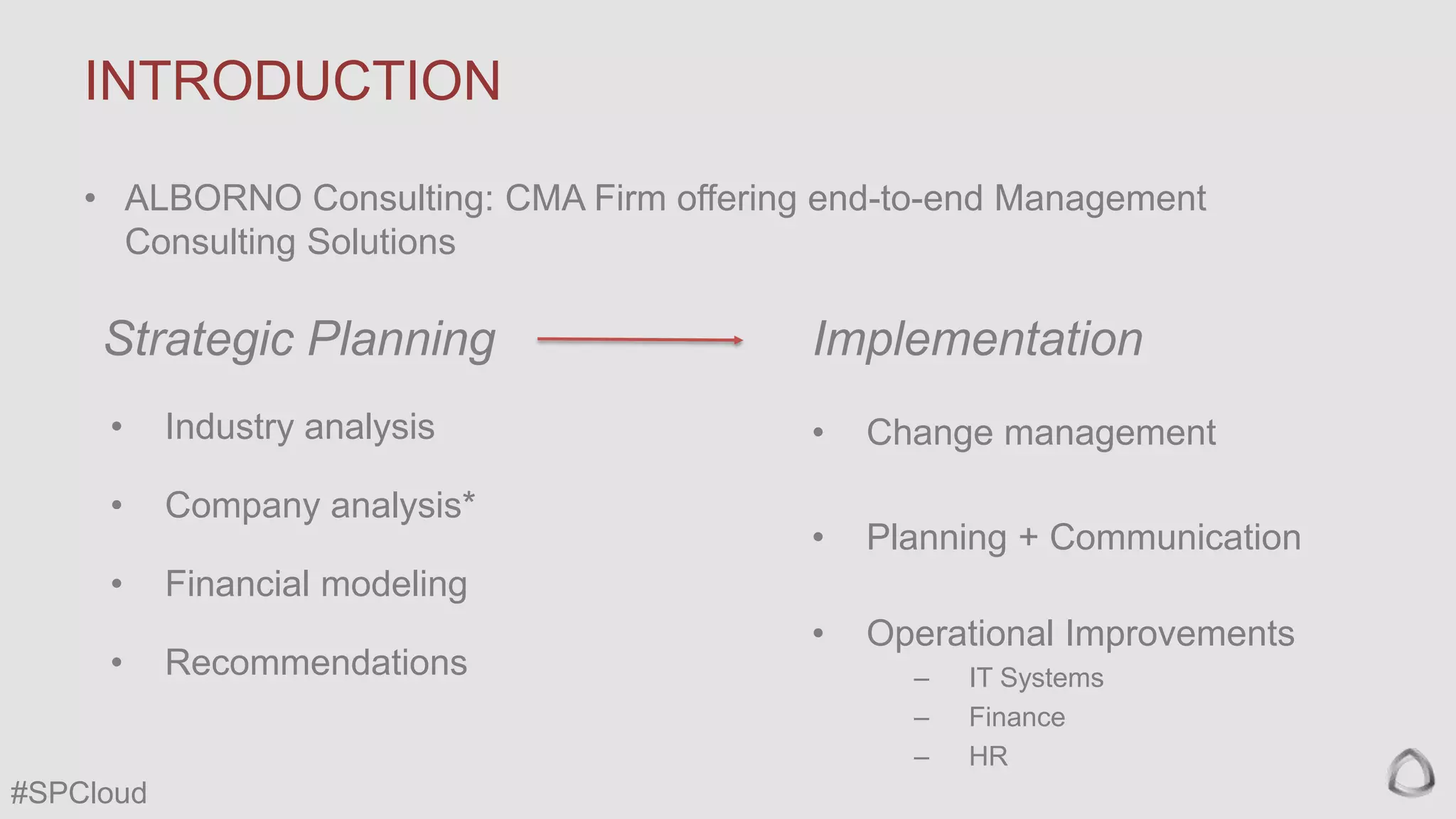 INTRODUCTION
• ALBORNO Consulting: CMA Firm offering end-to-end Management
Consulting Solutions

Strategic Planning

Implementation

•

Industry analysis

•

Change management

•

Company analysis*

•

Planning + Communication

•

Financial modeling

•

Operational Improvements

•

#SPCloud

Recommendations

–
–
–

IT Systems
Finance
HR

 