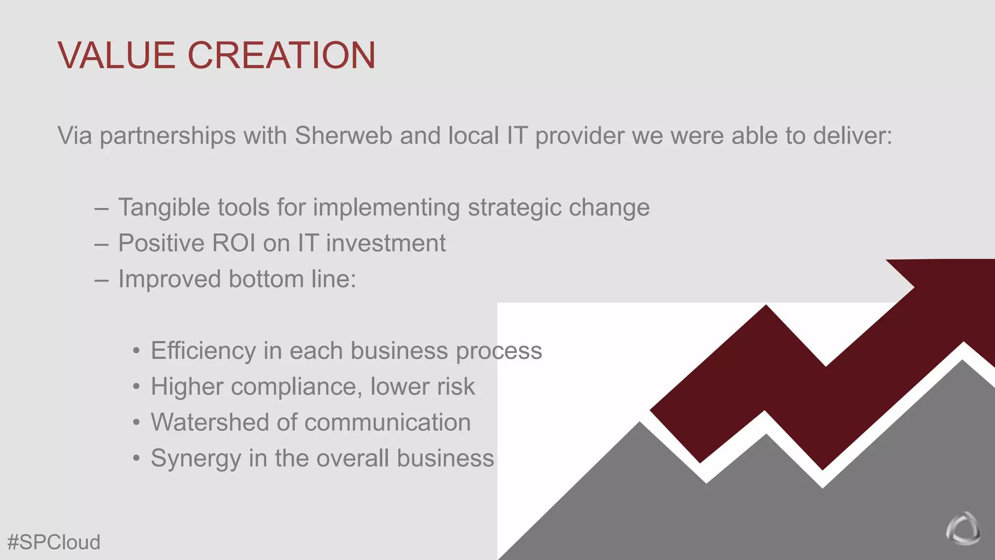 VALUE CREATION
Via partnerships with Sherweb and local IT provider we were able to deliver:
– Tangible tools for implementing strategic change
– Positive ROI on IT investment
– Improved bottom line:
•
•
•
•

#SPCloud

Efficiency in each business process
Higher compliance, lower risk
Watershed of communication
Synergy in the overall business

 