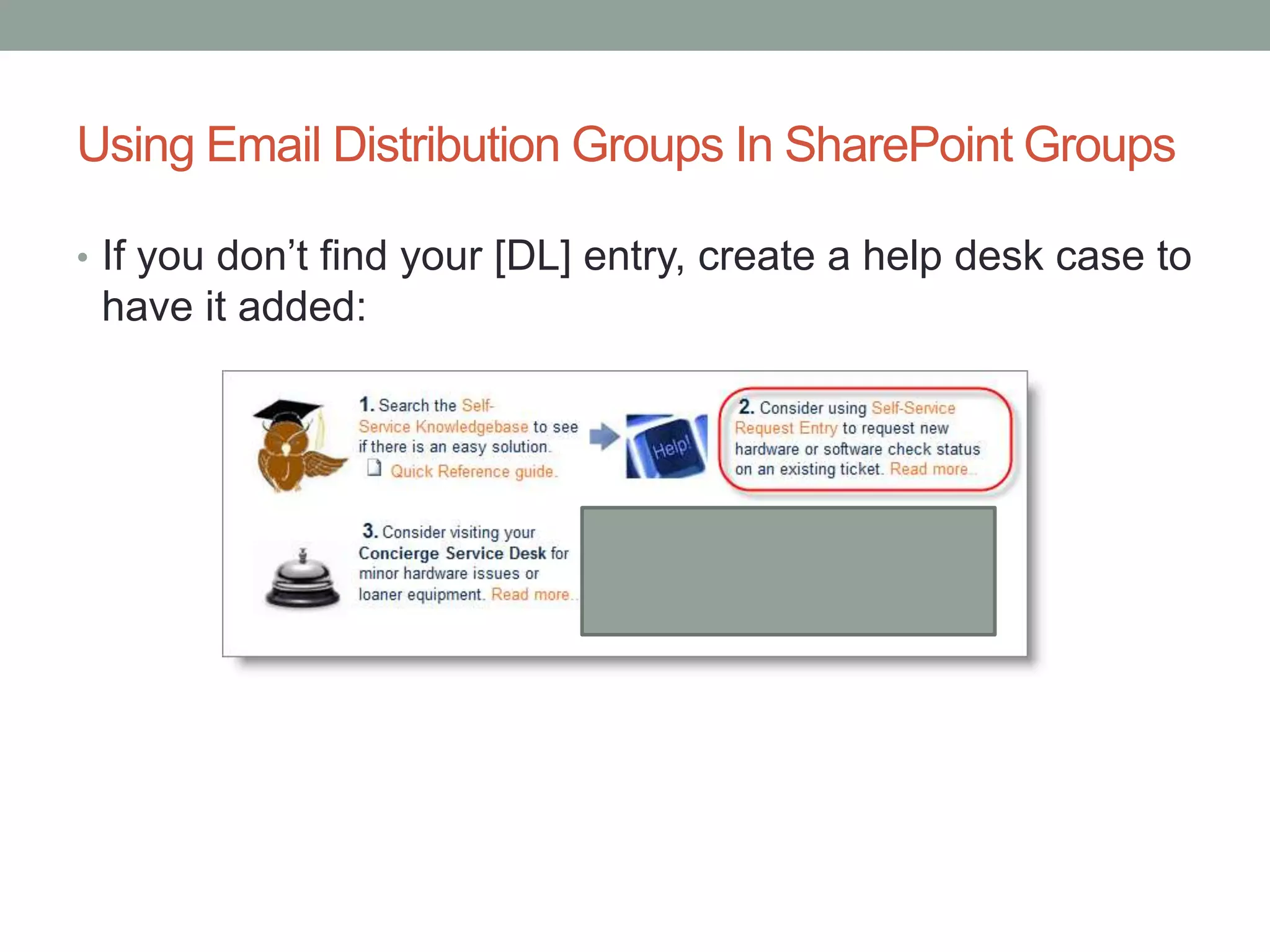 Using Email Distribution Groups In SharePoint Groups
• If you don’t find your [DL] entry, create a help desk case to
have it added:
 