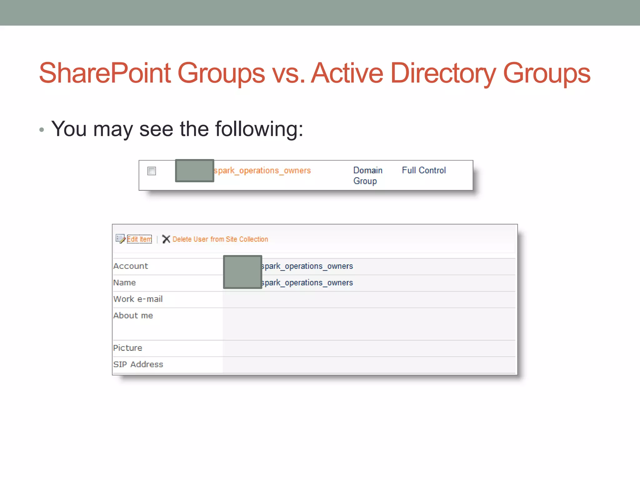 SharePoint Groups vs.Active Directory Groups
• You may see the following:
 