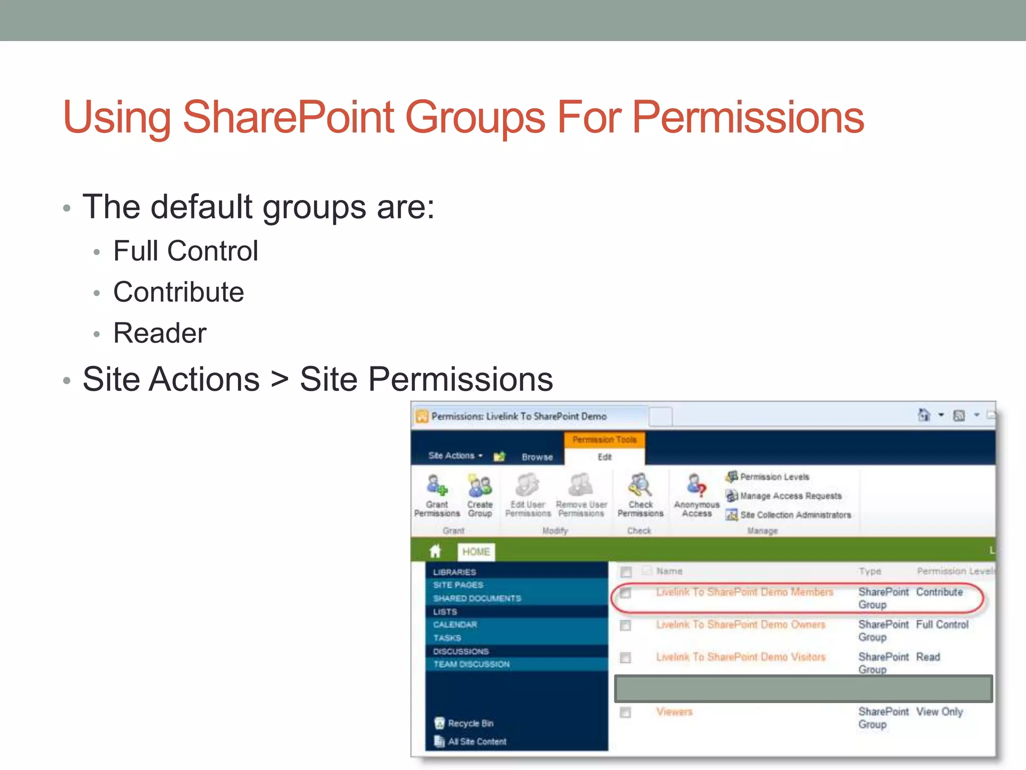 Using SharePoint Groups For Permissions
• The default groups are:
• Full Control
• Contribute
• Reader
• Site Actions > Site Permissions
 