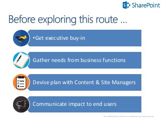 108 | @bobbyschang | linkedin.com/in/bobbyschang | bobbyschang.com
•Get executive buy-in
Gather needs from business functions
Devise plan with Content & Site Managers
Communicate impact to end users
 