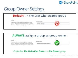 59 | @bobbyschang | linkedin.com/in/bobbyschang | bobbyschang.com
ALWAYS assign a group as group owner
Preferably Site Collection Owner or Site Owner group
Default -> the user who created group
 