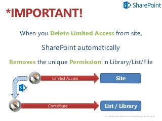 93 | @bobbyschang | linkedin.com/in/bobbyschang | bobbyschang.com
*IMPORTANT!
When you Delete Limited Access from site,
SharePoint automatically
Removes the unique Permission in Library/List/File
Site
List / Library
Limited Access
Contribute
 