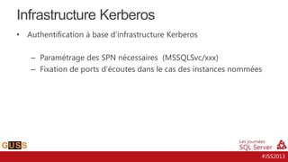 Infrastructure Kerberos
•

Authentification à base d’infrastructure Kerberos

– Paramétrage des SPN nécessaires (MSSQLSvc/xxx)
– Fixation de ports d’écoutes dans le cas des instances nommées

#JSS2013

 