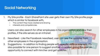 Social Networking
1. My Site profile - Each SharePoint site user gets their own My Site profile page
which is similar to f...