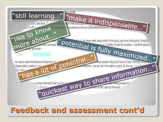Feedback and assessment cont’d “ potential is fully maximized…” “ like to know more about…” “ has a lot of potential…” “ make it indispensable…” “ quickest way to share information…” “ still learning…” 