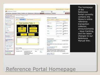 Reference Portal Homepage The homepage of the Reference Portal currently contains the library’s online reference transaction collector, announcements, issue tracking, and the latest changes to our Reference Manual Wiki. 