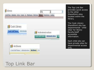 Top Link Bar The Top Link Bar provides quick access to the other SharePoint sites located within the library. The Cook Library SharePoint site has departmental  ‘child sites’ for library faculty/staff accessible information. Each child site can have private sites for departmental access only. 