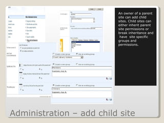 Administration – add child site An owner of a parent site can add child sites. Child sites can either inherit parent site permissions or break inheritance and  have  site specific groups and permissions. 