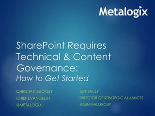 SharePoint Requires
Technical & Content
Governance:
How to Get Started
CHRISTIAN BUCKLEY
CHIEF EVANGELIST
@METALOGIX
JEFF SHUEY
DIRECTOR OF STRATEGIC ALLIANCES
@GIMMALGROUP
 