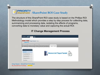 - SharePoint ROI Case Study

The structure of this SharePoint ROI case study is based on the Phillips ROI
Methodology model which provides a step by step process for collecting data,
summarizing and processing data, isolating the effects of programs,
converting data to monetary value and capturing the actual ROI.

                             IT Change Management Process




Greg Gignac - SharePoint Consultant
My SharePoint Portfolio
 