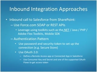 Inbound Integration Approaches
• Inbound call to Salesforce from SharePoint:
– Use Force.com SOAP or REST APIs
• Leverage using toolkits such as the.NET / Java / PHP /
Adobe Flex Toolkits, Mobile SDK
– Authentication Pattern
• Use password and security token to set up the
connection (e.g. Secure Store)
• Use OAuth 2.0:
– Define a Remote Access app or Connected App in Salesforce
– Use Consumer Key and Secret and one of the supported OAuth
Flows to get access token
 