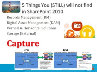 5 Things You (STILL) will not find
        in SharePoint 2010
Records Management (RM)
Digital Asset Management (DAM)
Vertical & Horizontal Solutions
Storage (External)


Capture

                                       Bend
 