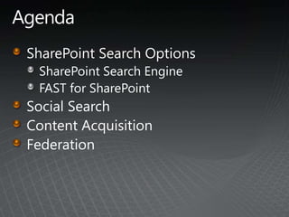 AgendaSharePoint Search OptionsSharePoint Search EngineFAST for SharePointSocial SearchContent AcquisitionFederation