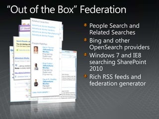 Making Content SearchableUse Query FederationQuery across external indexesBased on OpenSearch standard(http://www.opensearch.org/)Use Indexing ConnectorsCrawl, enumerate and create local index of contentUse out-of-box connectors or write custom connector