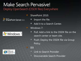 SharePoint ConnectorAccesses data through SharePoint web service (using Windows credentials)Supports full crawl through enumeration of content and incremental crawl through change logBuilt-in support for security trimming (Windows and pluggable)