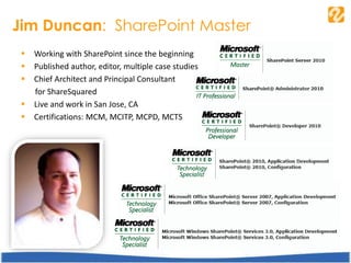 Jim Duncan: SharePoint Master
 Working with SharePoint since the beginning
 Published author, editor, multiple case studies
 Chief Architect and Principal Consultant
for ShareSquared
 Live and work in San Jose, CA
 Certifications: MCM, MCITP, MCPD, MCTS
 