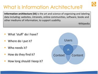 What is Information Architecture?
 What ‘stuff’ do I have?
 Where do I put it?
 Who needs it?
 How do they find it?
 How long should I keep it?
Information architecture (IA) is the art and science of organizing and labeling
data including: websites, intranets, online communities, software, books and
other mediums of information, to support usability.
-Wikipedia
 