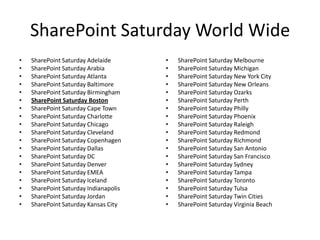 SharePoint Saturday World WideSharePoint Saturday AdelaideSharePoint Saturday ArabiaSharePoint Saturday AtlantaSharePoint Saturday Baltimore SharePoint Saturday BirminghamSharePoint Saturday BostonSharePoint Saturday Cape TownSharePoint Saturday CharlotteSharePoint Saturday ChicagoSharePoint Saturday ClevelandSharePoint Saturday CopenhagenSharePoint Saturday DallasSharePoint Saturday DCSharePoint Saturday DenverSharePoint Saturday EMEASharePoint Saturday IcelandSharePoint Saturday IndianapolisSharePoint Saturday Jordan SharePoint Saturday Kansas CitySharePoint Saturday MelbourneSharePoint Saturday MichiganSharePoint Saturday New York CitySharePoint Saturday New OrleansSharePoint Saturday OzarksSharePoint Saturday Perth SharePoint Saturday PhillySharePoint Saturday PhoenixSharePoint Saturday RaleighSharePoint Saturday RedmondSharePoint Saturday RichmondSharePoint Saturday San AntonioSharePoint Saturday San FranciscoSharePoint Saturday SydneySharePoint Saturday TampaSharePoint Saturday TorontoSharePoint Saturday Tulsa SharePoint Saturday Twin CitiesSharePoint Saturday Virginia Beach