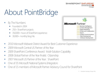 About PointBridge<br />By The Numbers:<br />Founded in 2004<br />250+ SharePoint projects<br />350,000+ hours of SharePoin...