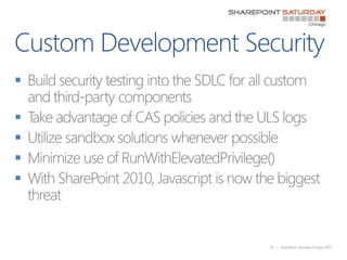 Custom Development Security<br />Build security testing into the SDLC for all custom and third-party components<br />Take ...
