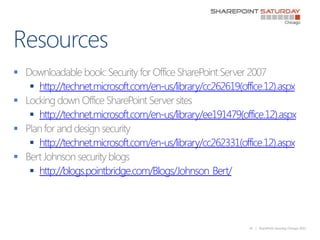 Resources<br />Downloadable book: Security for Office SharePoint Server 2007<br />http://technet.microsoft.com/en-us/libra...