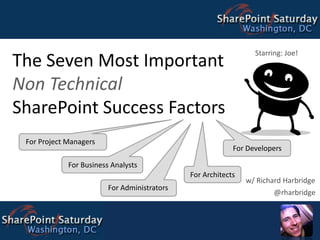 The Seven Most Important Non Technical SharePoint Success Factors Starring: Joe! For Project Managers For Developers For Business Analysts For Architects w/ Richard Harbridge For Administrators @rharbridge 