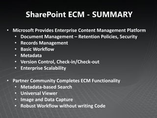 SharePoint ECM - SUMMARY
• Microsoft Provides Enterprise Content Management Platform
  • Document Management – Retention Policies, Security
  • Records Management
  • Basic Workflow
  • Metadata
  • Version Control, Check-in/Check-out
  • Enterprise Scalability

• Partner Community Completes ECM Functionality
   • Metadata-based Search
   • Universal Viewer
   • Image and Data Capture
   • Robust Workflow without writing Code
 
