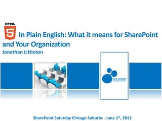SharePoint Saturday Chicago Suburbs - June 1st, 2013
SPS EVENTS
Chicago-Suburbs
In Plain English: What it means for SharePoint
and Your Organization
Jonathan Littleton
 