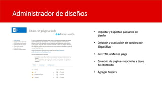 Administrador de diseños
• Importar y Exportar paquetes de
diseño
• Creación y asociación de canales por
dispositivo
• de HTML a Master page
• Creación de paginas asociadas a tipos
de contenido
• Agregar Snipets
 