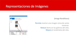 Representaciones de Imágenes
(Image Renditions)
Permite mostrar una imagen única de varias
maneras.
Reduce ítems en las galerías del sitio.
Mejora el rendimieto del sitio.
 