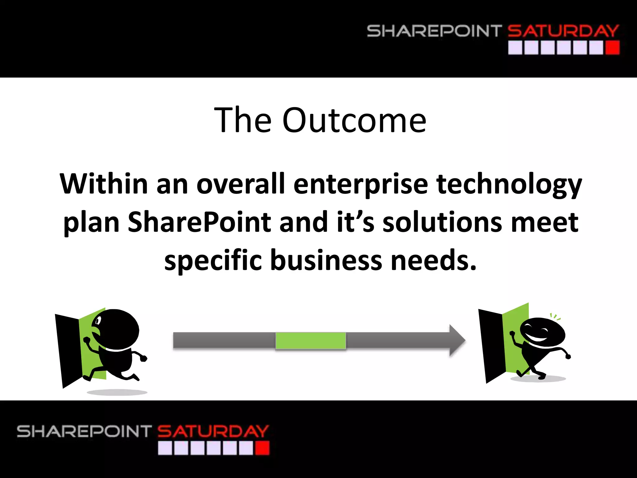 The Outcome
Within an overall enterprise technology
plan SharePoint and it’s solutions meet
specific business needs.
 