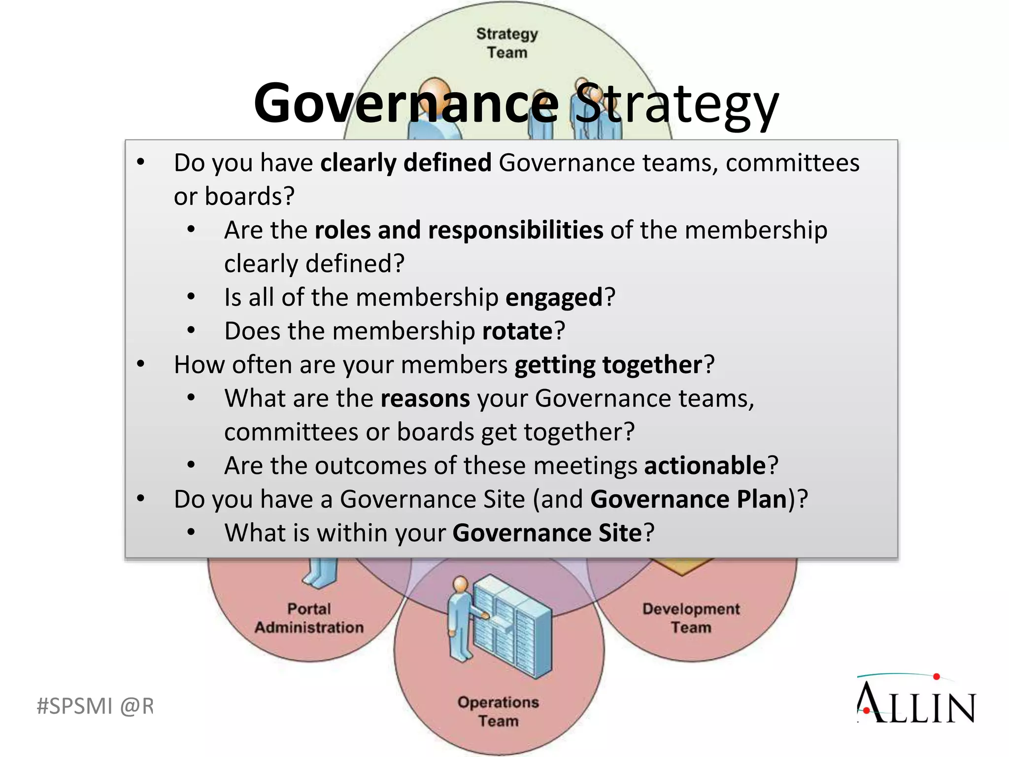 #SPSMI @RHarbridge
• Do you have clearly defined Governance teams, committees
or boards?
• Are the roles and responsibilities of the membership
clearly defined?
• Is all of the membership engaged?
• Does the membership rotate?
• How often are your members getting together?
• What are the reasons your Governance teams,
committees or boards get together?
• Are the outcomes of these meetings actionable?
• Do you have a Governance Site (and Governance Plan)?
• What is within your Governance Site?
Governance Strategy
 