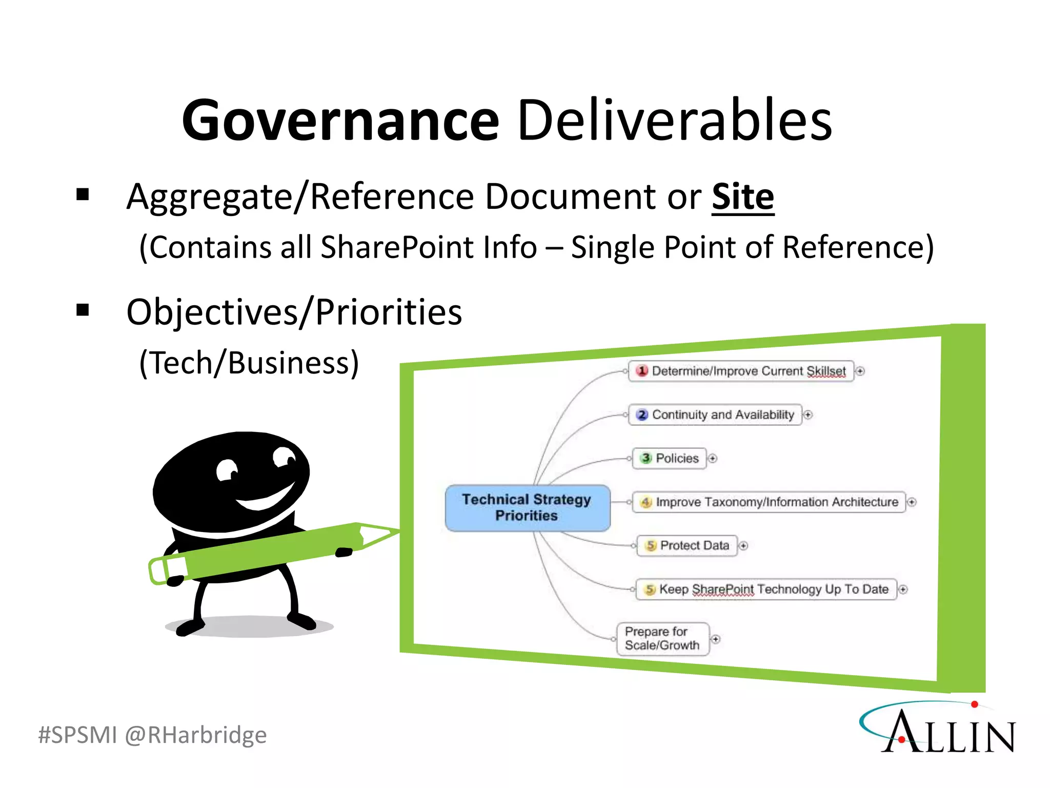 #SPSMI @RHarbridge
 Aggregate/Reference Document or Site
(Contains all SharePoint Info – Single Point of Reference)
 Objectives/Priorities
(Tech/Business)
Governance Deliverables
 