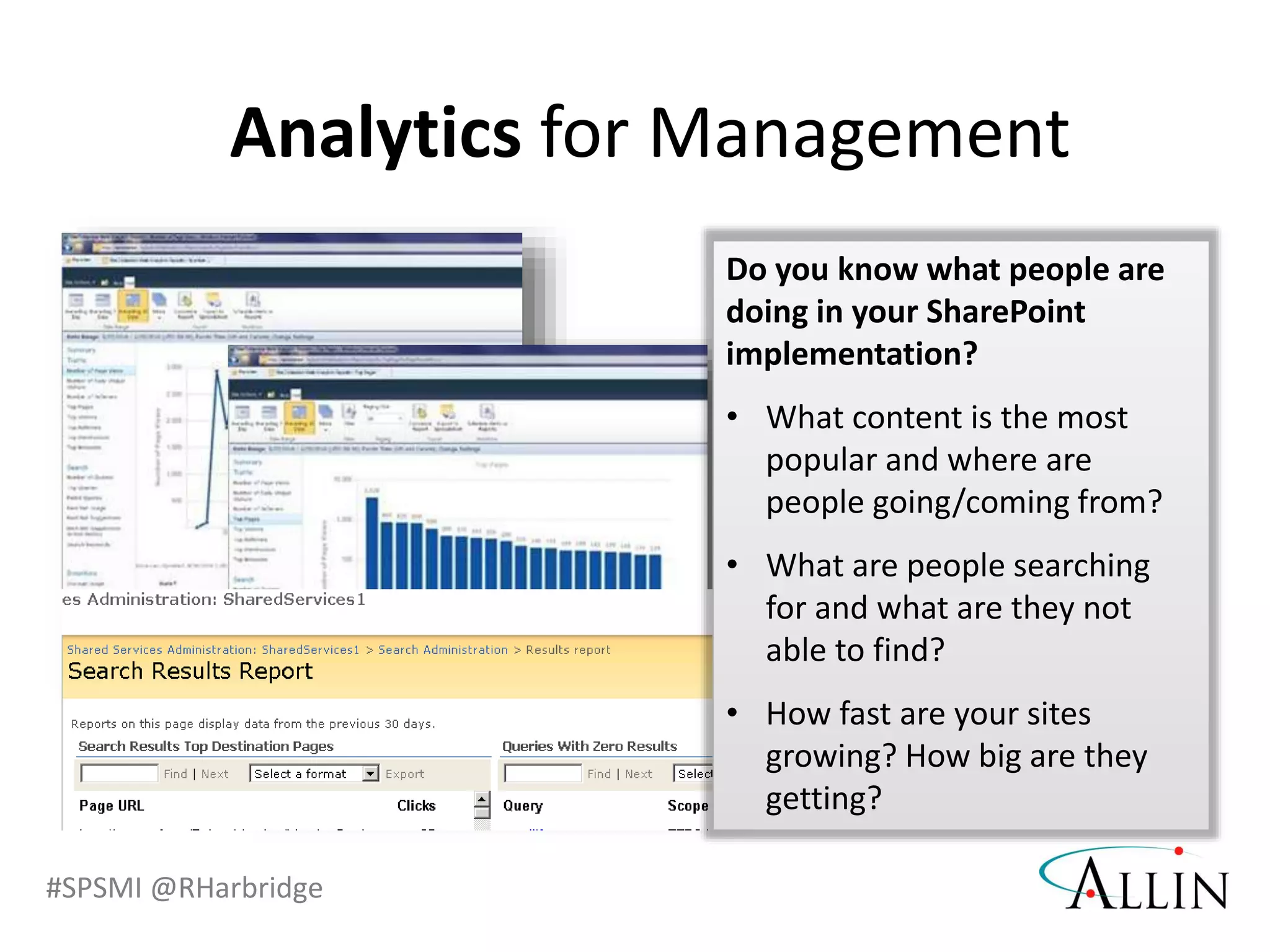 #SPSMI @RHarbridge
Do you know what people are
doing in your SharePoint
implementation?
• What content is the most
popular and where are
people going/coming from?
• What are people searching
for and what are they not
able to find?
• How fast are your sites
growing? How big are they
getting?
Analytics for Management
 