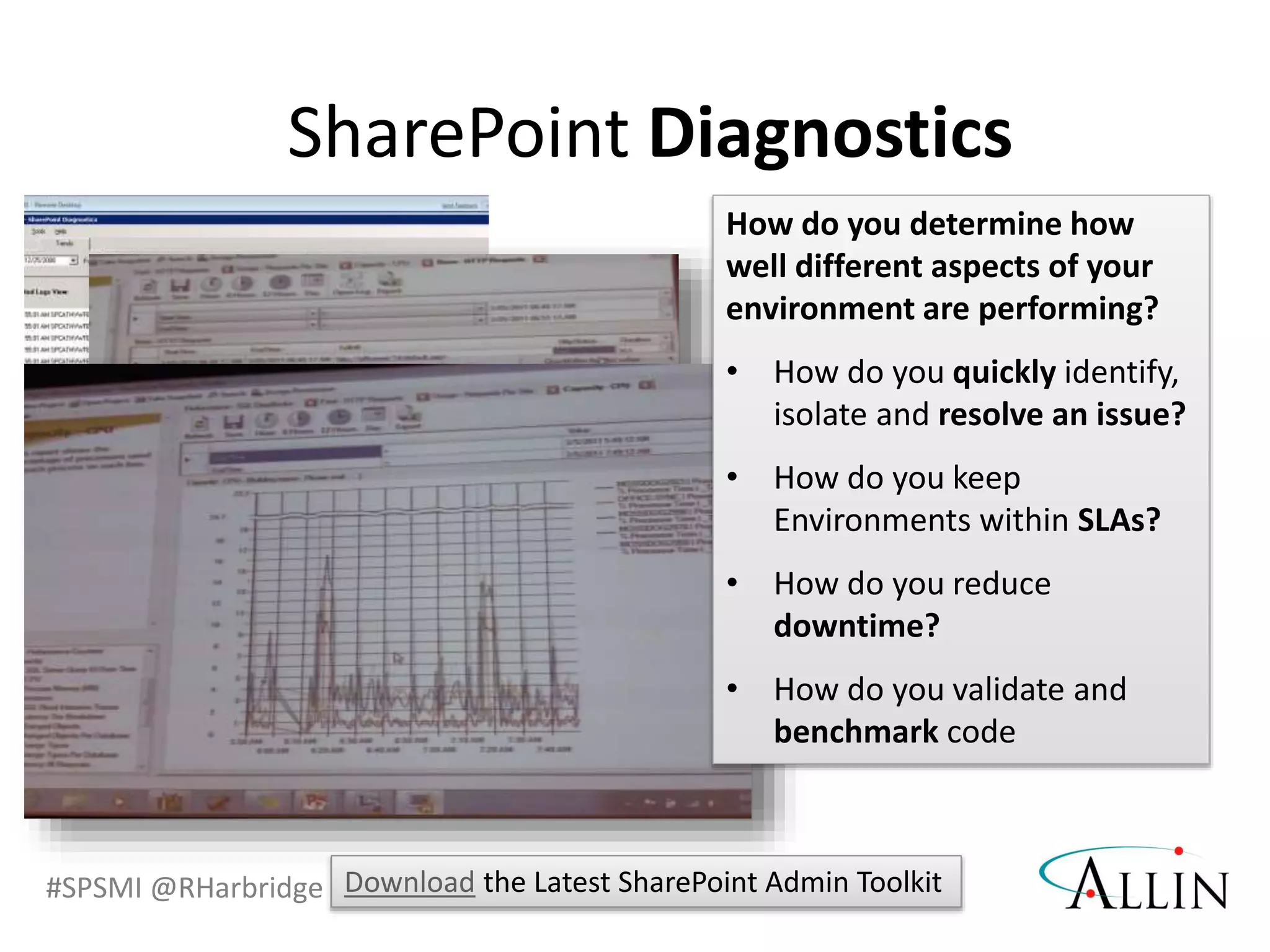 #SPSMI @RHarbridge
SharePoint Diagnostics
How do you determine how
well different aspects of your
environment are performing?
• How do you quickly identify,
isolate and resolve an issue?
• How do you keep
Environments within SLAs?
• How do you reduce
downtime?
• How do you validate and
benchmark code
Download the Latest SharePoint Admin Toolkit
 