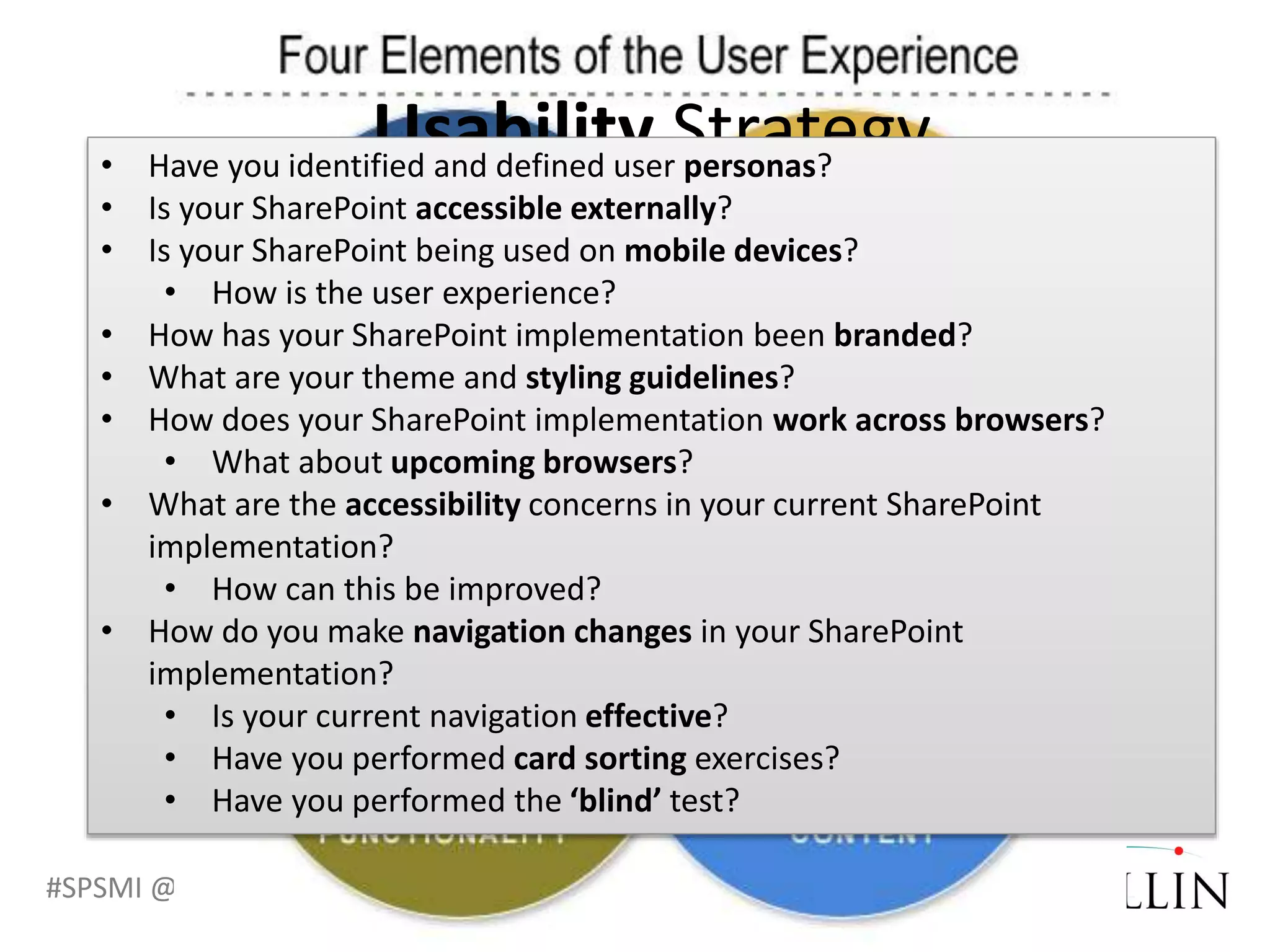 #SPSMI @RHarbridge
Usability Strategy• Have you identified and defined user personas?
• Is your SharePoint accessible externally?
• Is your SharePoint being used on mobile devices?
• How is the user experience?
• How has your SharePoint implementation been branded?
• What are your theme and styling guidelines?
• How does your SharePoint implementation work across browsers?
• What about upcoming browsers?
• What are the accessibility concerns in your current SharePoint
implementation?
• How can this be improved?
• How do you make navigation changes in your SharePoint
implementation?
• Is your current navigation effective?
• Have you performed card sorting exercises?
• Have you performed the ‘blind’ test?
 