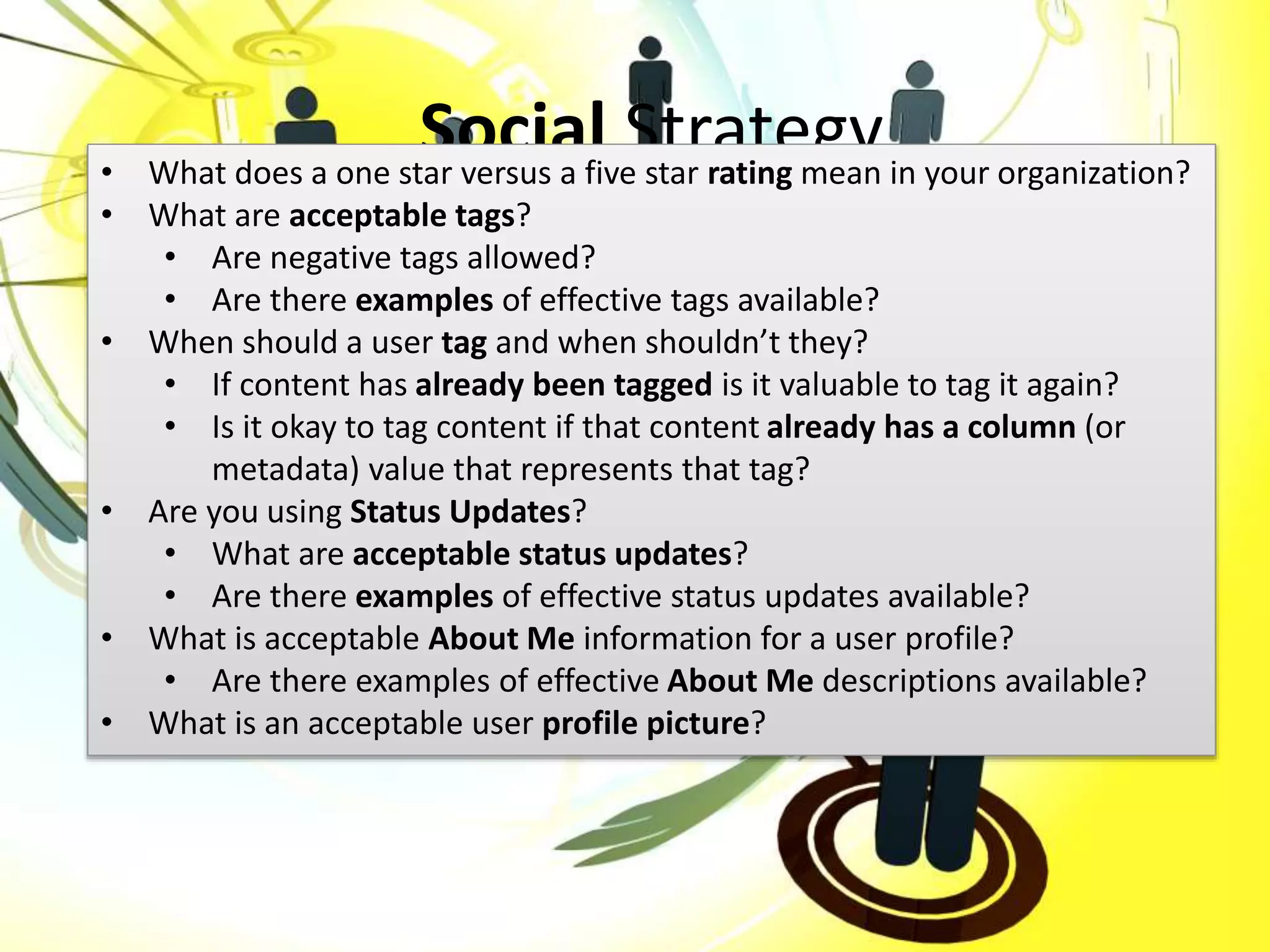 #SPSMI @RHarbridge
Social Strategy• What does a one star versus a five star rating mean in your organization?
• What are acceptable tags?
• Are negative tags allowed?
• Are there examples of effective tags available?
• When should a user tag and when shouldn’t they?
• If content has already been tagged is it valuable to tag it again?
• Is it okay to tag content if that content already has a column (or
metadata) value that represents that tag?
• Are you using Status Updates?
• What are acceptable status updates?
• Are there examples of effective status updates available?
• What is acceptable About Me information for a user profile?
• Are there examples of effective About Me descriptions available?
• What is an acceptable user profile picture?
 