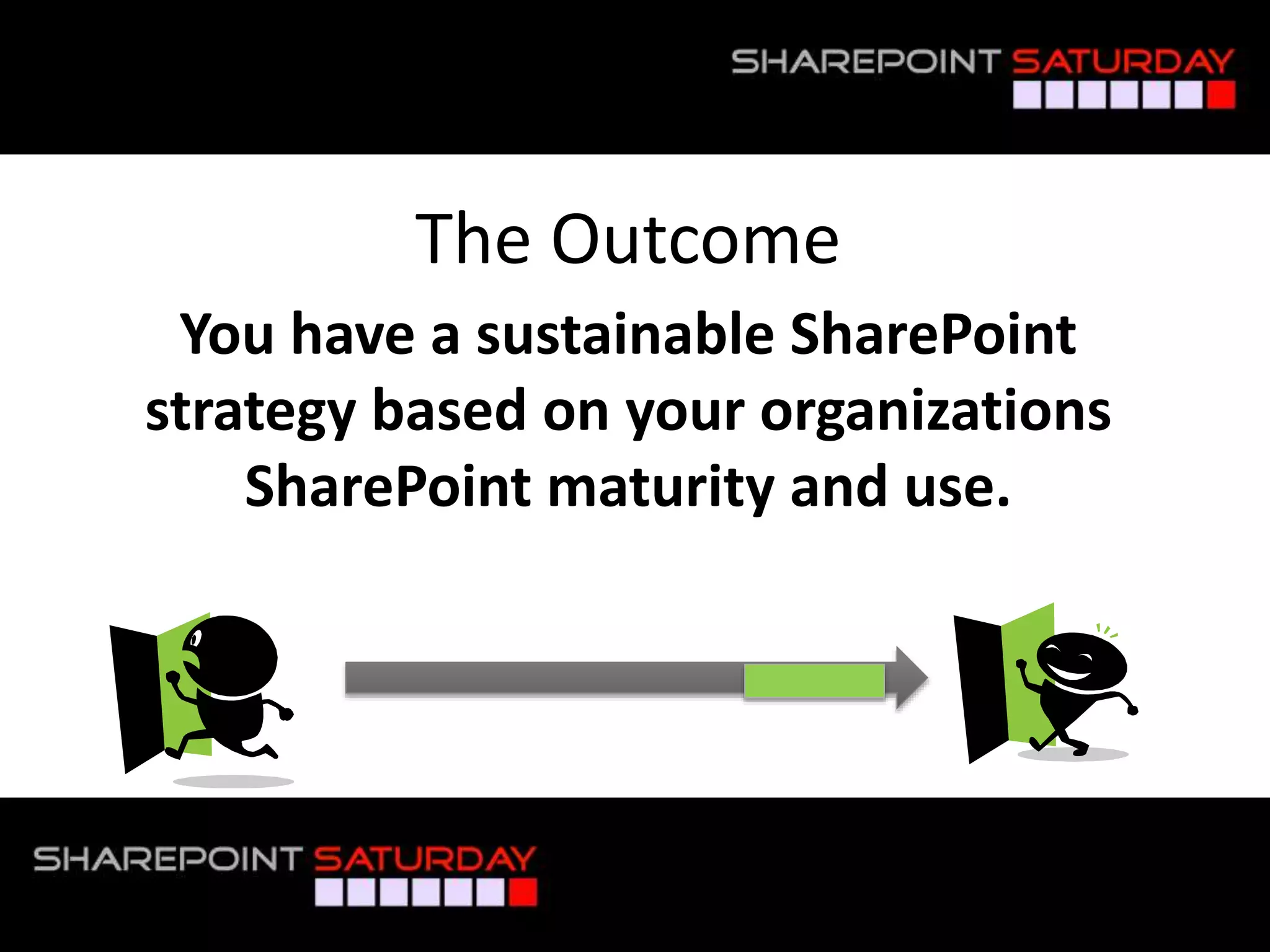 The Outcome
You have a sustainable SharePoint
strategy based on your organizations
SharePoint maturity and use.
 