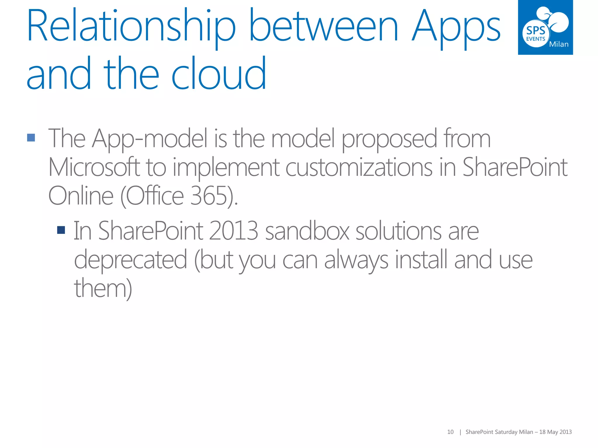 10 | SharePoint Saturday Milan – 18 May 201310 | SharePoint Saturday Milan – 18 May 2013
Relationship between Apps
and the cloud


 