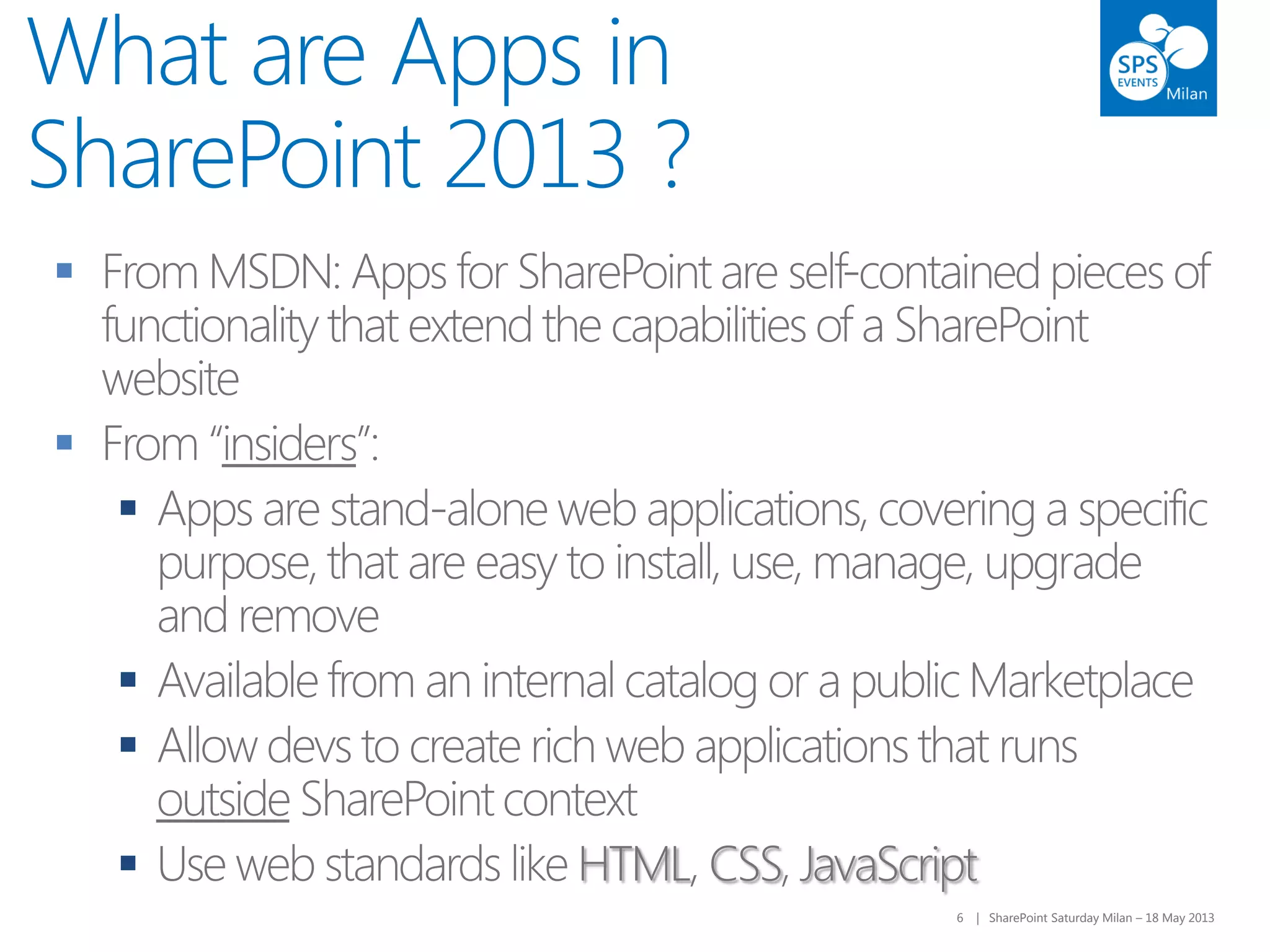 6 | SharePoint Saturday Milan – 18 May 20136 | SharePoint Saturday Milan – 18 May 2013
What are Apps in
SharePoint 2013 ?






 