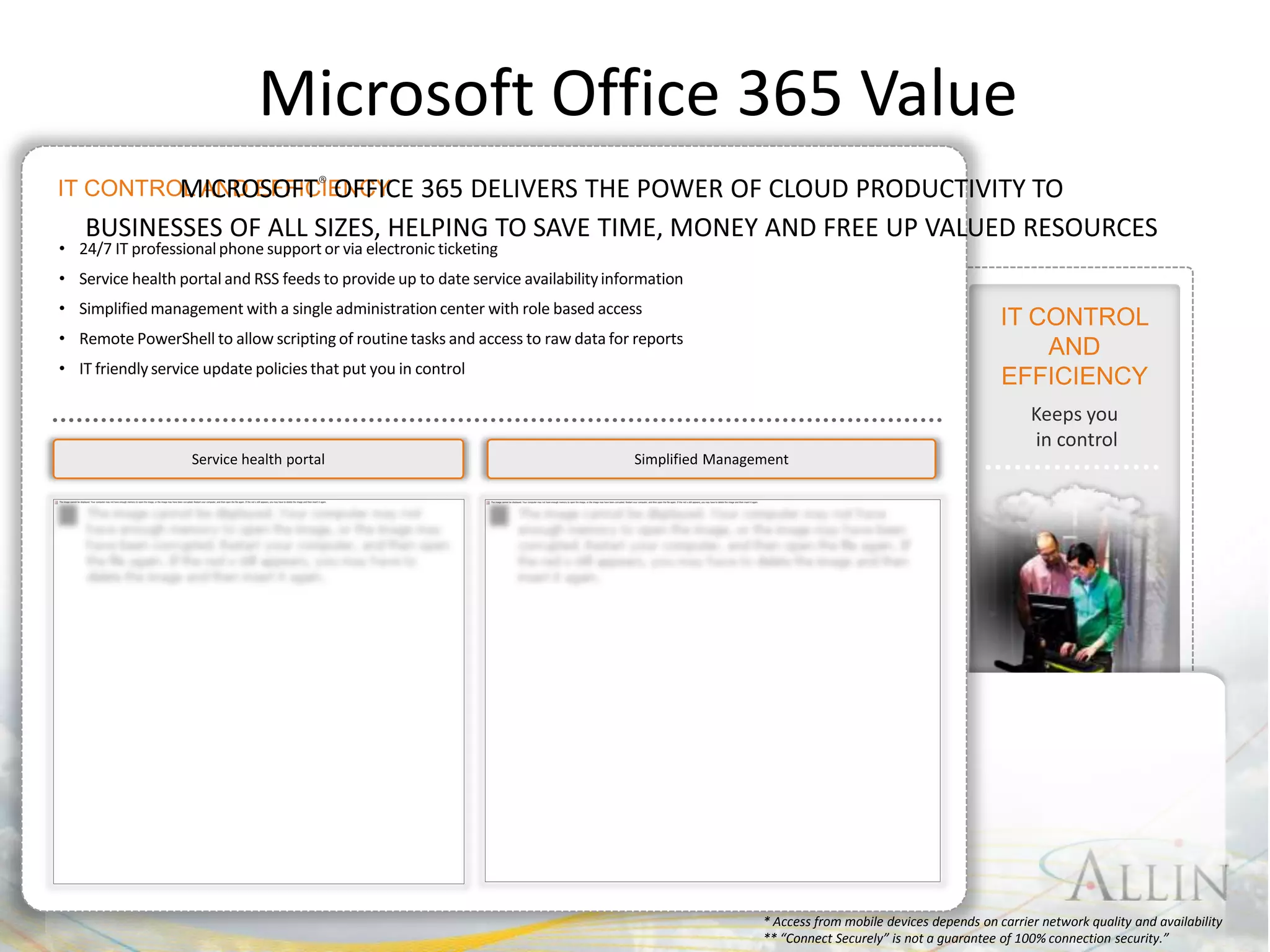 Microsoft Office 365 Value




#SPSNOLA @RHarbridge
                              * Access from mobile devices depends on carrier network quality and availability
                              ** “Connect Securely” is not a guarantee of 100% connection security.”
 