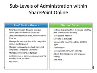 Sub-Levels of Administration within
             SharePoint Online




#SPSNOLA @RHarbridge
 