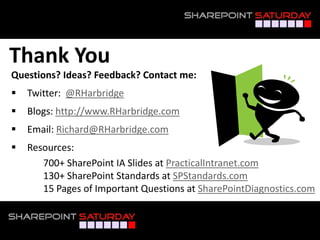 Thank You
Questions? Ideas? Feedback? Contact me:
   Twitter: @RHarbridge
   Blogs: http://www.RHarbridge.com
   Email: Richard@RHarbridge.com
   Resources:
       700+ SharePoint IA Slides at PracticalIntranet.com
       130+ SharePoint Standards at SPStandards.com
       15 Pages of Important Questions at SharePointDiagnostics.com


#SPSNOLA @RHarbridge
 